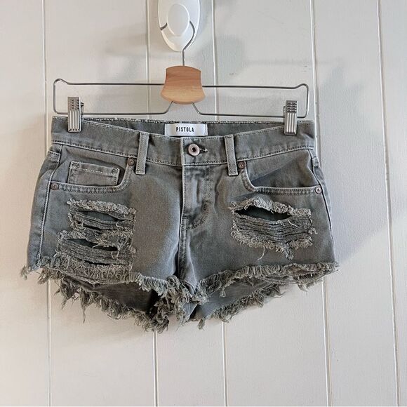 Pistola Distressed Denim Shorts Gray-Green - Picture 1 of 7